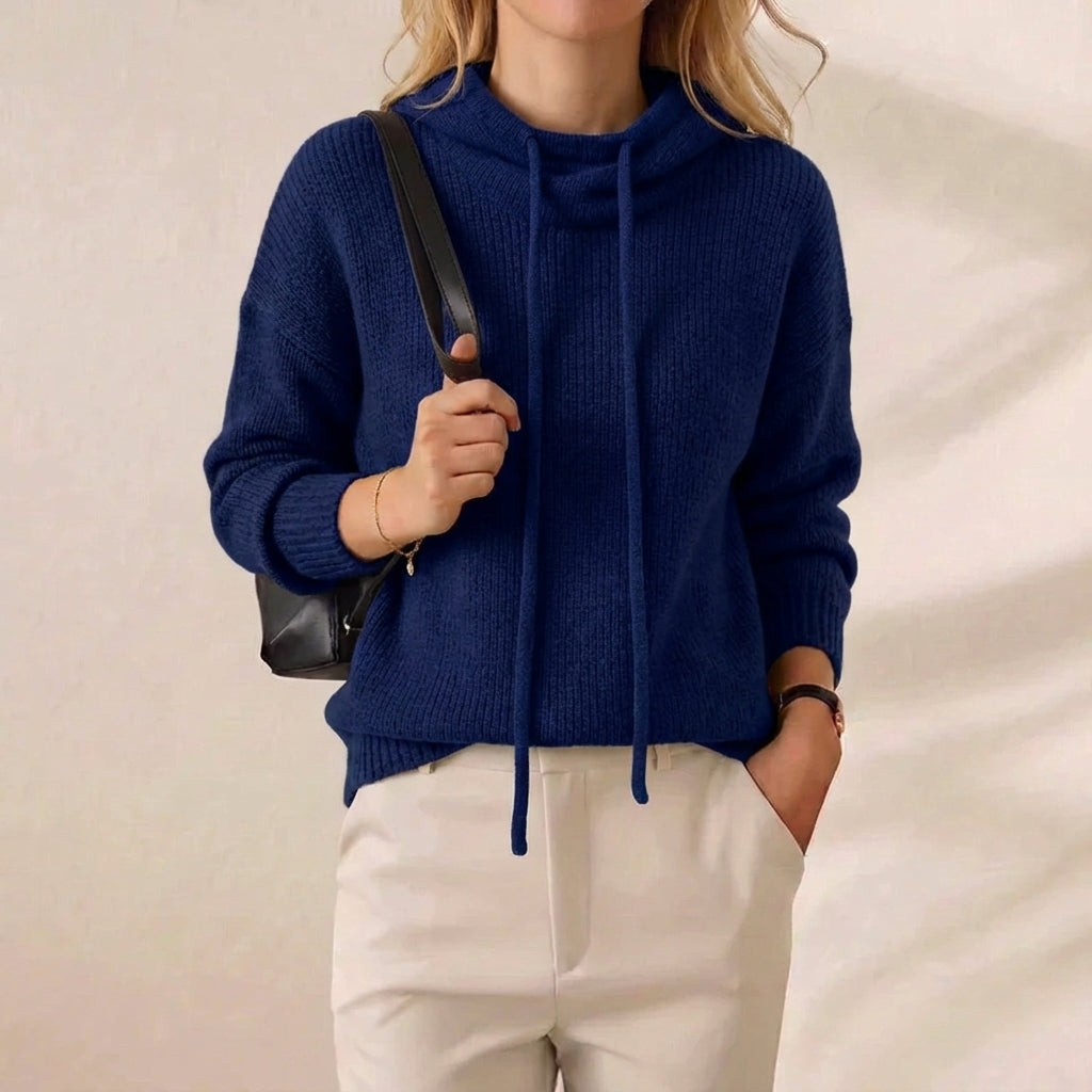 Navy Blue Ribbed Drawstring Cowl Neck Knit Pullover