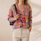 Neon Wildflower Embroidered Multicolor V Neck Button Cardigan – Pink