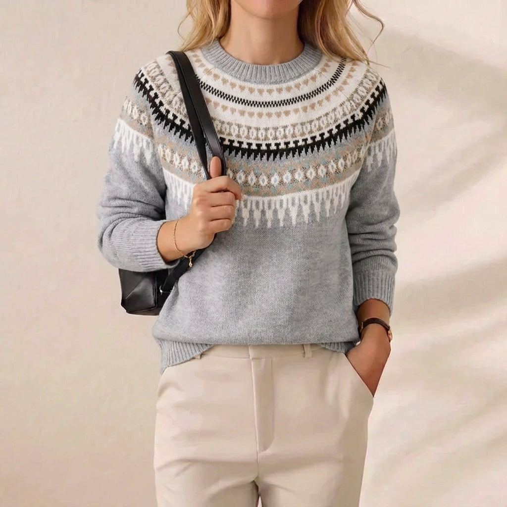 Nordic Frost Fair Isle Crew Neck Knit Sweater – Light Grey