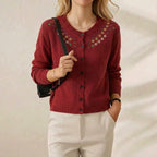 Cashmere Crew Neck Cardigan with Embroidered Neckline