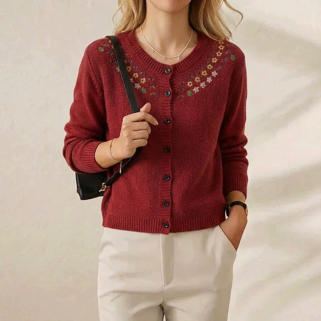 Cashmere Crew Neck Cardigan with Embroidered Neckline