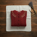 Cashmere Crew Neck Cardigan with Embroidered Neckline