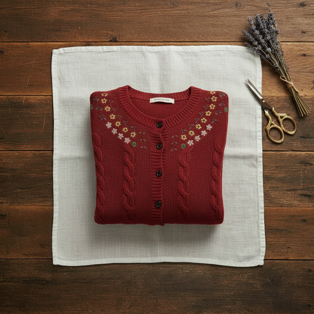 Cashmere Crew Neck Cardigan with Embroidered Neckline