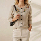 Cashmere Crew Neck Cardigan with Embroidered Neckline