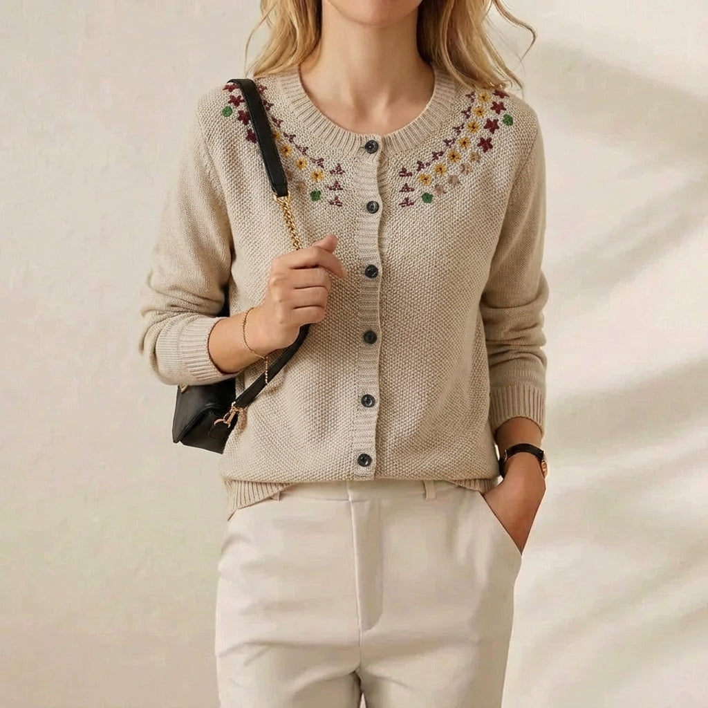 Cashmere Crew Neck Cardigan with Embroidered Neckline