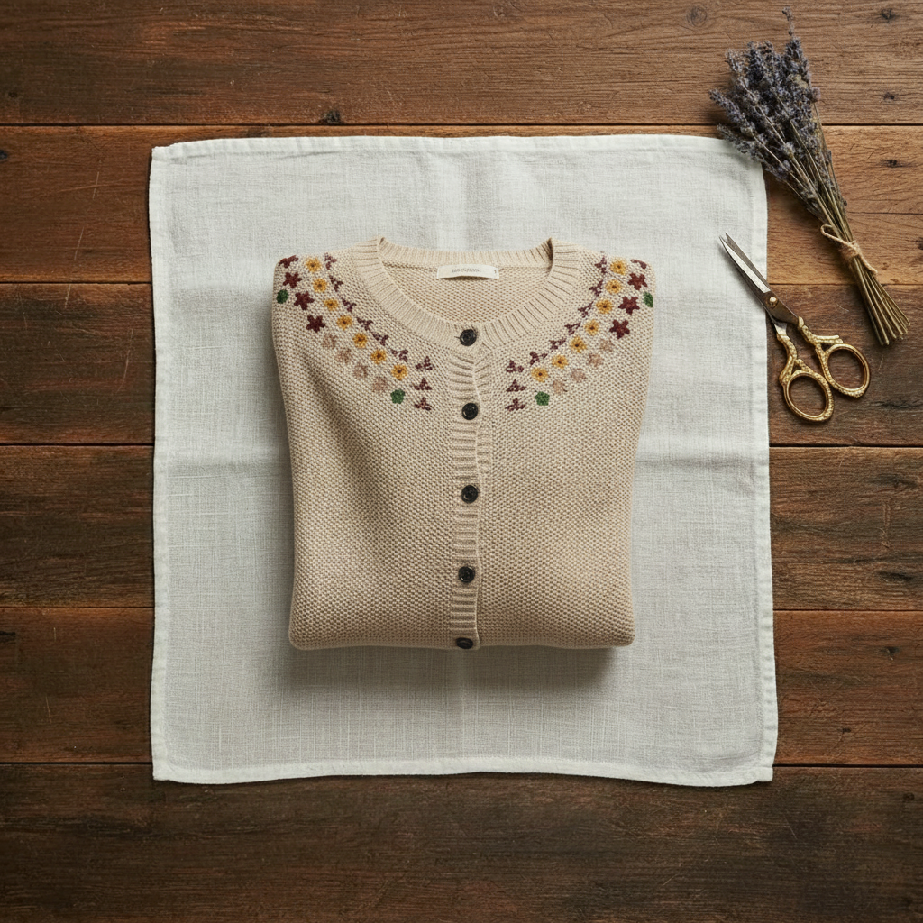 Cashmere Crew Neck Cardigan with Embroidered Neckline