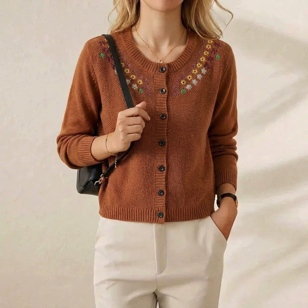 Cashmere Crew Neck Cardigan with Embroidered Neckline
