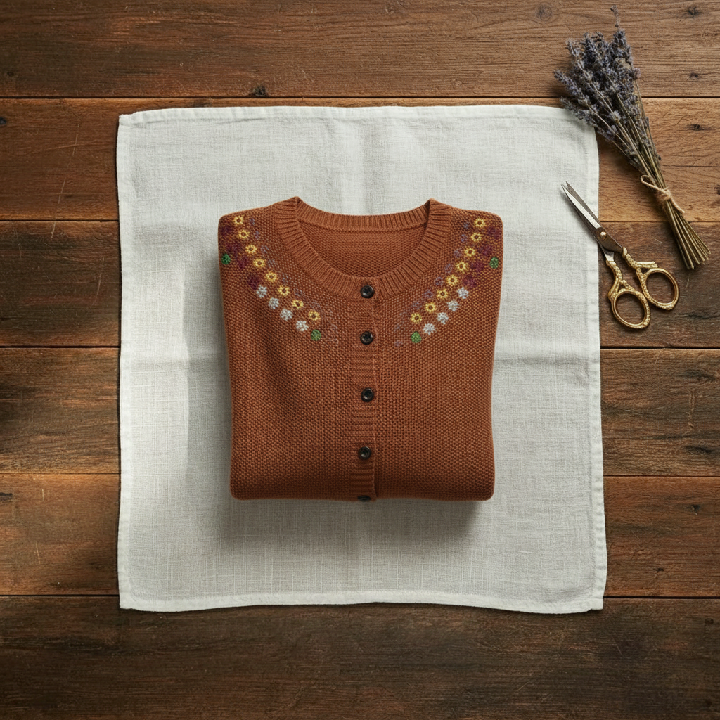 Cashmere Crew Neck Cardigan with Embroidered Neckline