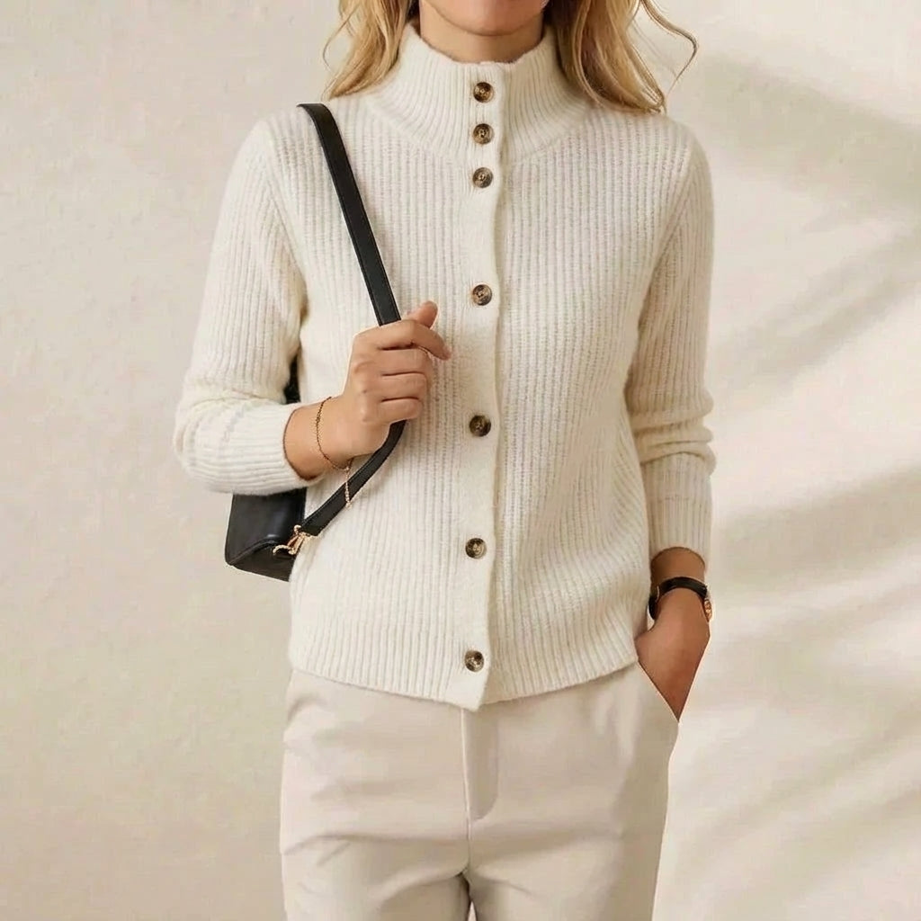 Cashmere Turtleneck Cardigan with Ribbed Button Closure