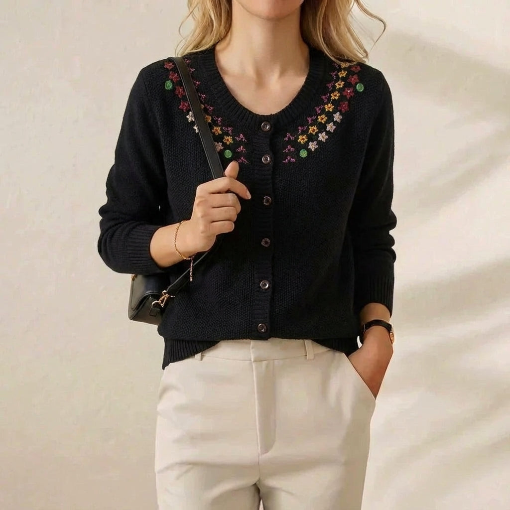 Cashmere Crew Neck Cardigan with Embroidered Neckline