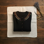 Cashmere Crew Neck Cardigan with Embroidered Neckline