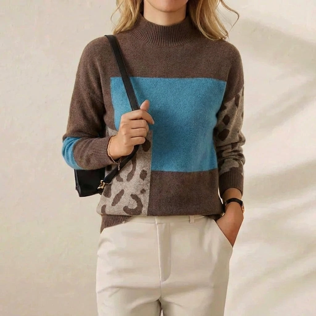 Cashmere Crew Neck Sweater with Color-Block Pattern