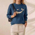 Ocean Blue Whale Intarsia Chunky Ribbed Crew Neck Sweater