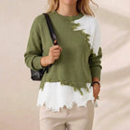 Olive & Ivory Colorblock Distressed Edge Crew Neck Sweater