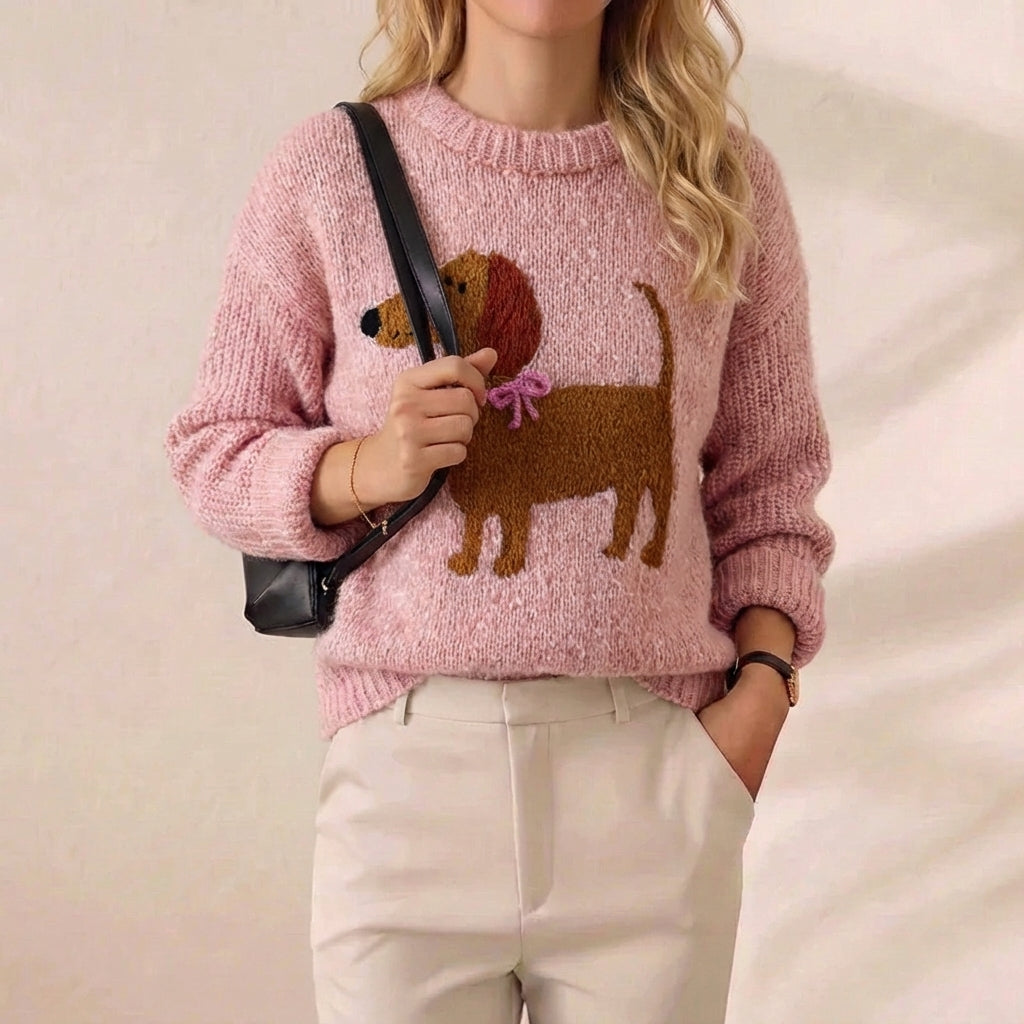 Pink Dachshund With Bow Intarsia Mohair Crew Neck Sweater