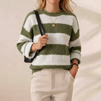 Sage & Cream Bold Stripe Oversized Crew Neck Sweater
