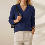 Sapphire V Neck Pullover Navy Ribbed Relaxed Fit Sweater