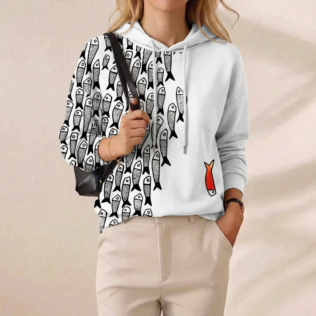 School Of Fish Graphic Print Drawstring Hoodie – White