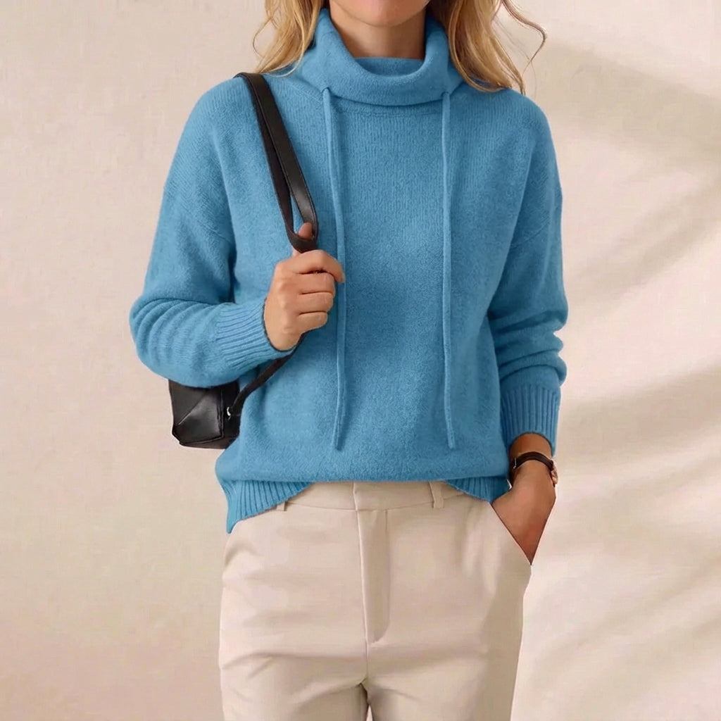 Sky Blue Drawstring Cowl Neck Knit Pullover