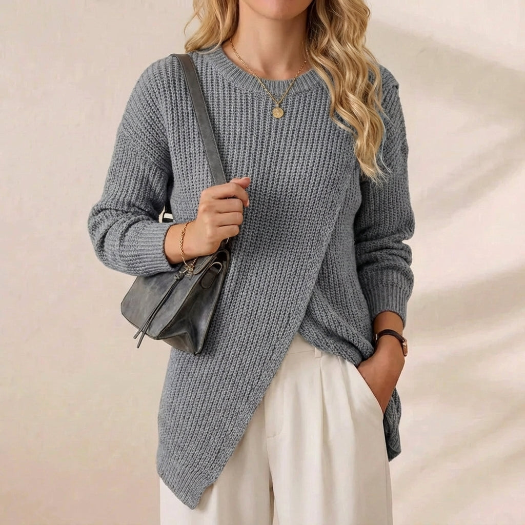 Slate Asymmetric Crewneck Grey Irregular Hem Knit Pullover