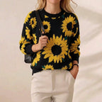 Sunflower Dream Knit Sweater Black Floral Jacquard Crewneck