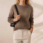 Warm Taupe Brushed Mohair Crew Neck Knit Pullover