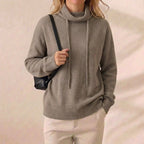 Warm Taupe Drawstring Cowl Neck Knit Pullover Sweater