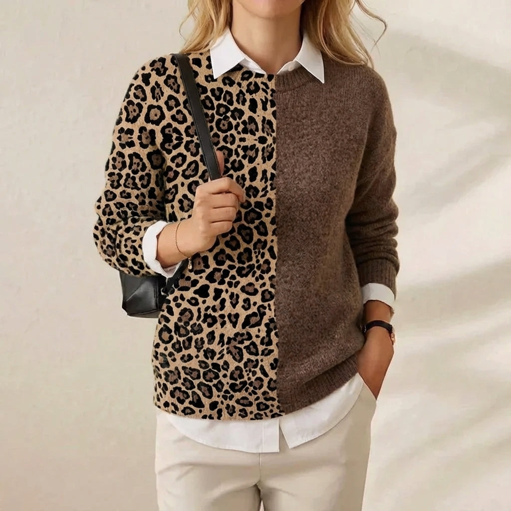 Wild Side Split Knit Leopard & Camel Colorblock Sweater