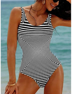 One Piece Swimsuit Slimming Colorblock Monokini High Cut Tummy Control High Waist Slim Knit Backless Vacation Graphic Geometric U Neck Sleeveless Bathing Suits
