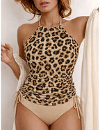 Swimwear Tankini 2 Piece Cheeky Swimsuit Drawstring Vacation Beach Wear Graphic Halter Neck Sleeveless Bathing Suits