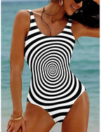 One Piece Swimsuit Slimming Colorblock Monokini High Cut Tummy Control High Waist Slim Knit Backless Vacation Graphic Geometric U Neck Sleeveless Bathing Suits