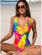 One Piece Swimsuit Slimming Monokini High Cut Tummy Control High Waist Slim Backless Vacation Graphic Geometic U Neck Sleeveless Bathing Suits