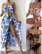 Swimwear Bikini Three Piece Briefs Swimsuit Ruched Vacation Beach Wear Graphic V Neck Sleeveless Bathing Suits