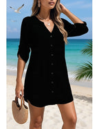 Swimwear Cover Up Swim Dress Swimsuit Buttons Tropical Beach Wear Plain V Wire Long Sleeve Bathing Suits