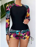 Tankini 2 Piece Swimsuit Ruched Palm Shorts Tummy Control High Waist Slim Backless Vacation Beach Wear Leaves Round Neck Long Sleeve Bathing Suits
