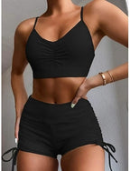 Bikini 2 Piece Swimsuit Ruched Underwire Shorts Slim Backless Vacation Beach Wear Color V Neck Sleeveless Bathing Suits