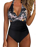 One Piece Swimsuit Ruched Leopard Monokini Tummy Control High Waist Slim Backless Vacation Beach Wear Halter Neck Sleeveless Bathing Suits