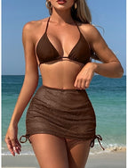Bikini 3 Piece Swimsuit Underwire Skirt Slim Backless Vacation Beach Wear Color Halter Neck Sleeveless Bathing Suits
