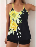 Tankini 2 Piece Swimsuit Boy Leg Tummy Control High Waist Slim Backless Vacation Beach Wear Geometric Scoop Neck Sleeveless Bathing Suits