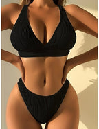 Bikini 2 Piece Swimsuit Underwire Thong Slim Backless Vacation Beach Wear Color V Neck Sleeveless Bathing Suits