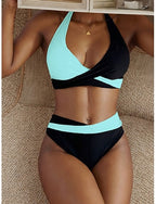 Swimwear Bikini 2 Piece High Waist Swimsuit Ruched Backless Vacation Beach Wear Leopard Color Block Halter Neck Sleeveless Bathing Suits