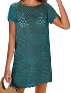 Swimwear Cover Up Swimsuit Cut Out Crochet Vacation Beach Wear Plain Round Neck Short Sleeves Bathing Suits