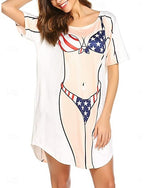 Swimdress Swimsuit Dress Vacation Beach Wear Graphic Flag Round Neck Long Sleeve Bathing Suits