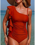 Swimwear One Piece Monokini Briefs Swimsuit Ruffle Tummy Control High Waist Slim Backless Vacation Color Asymmetric Neck Sleeveless Bathing Suits