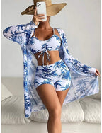 Bikini 3 Piece Swimsuit Palm Boy Leg Slim Backless Vacation Beach Wear Halter Neck Sleeveless Long Sleeve Bathing Suits