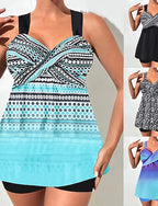 Tankini 2 Piece Swimsuit Shorts Tummy Control High Waist Slim Backless Vacation Beach Wear Ombre Graphic V Neck Sleeveless Bathing Suits