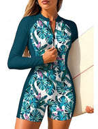 Standard Rash Guard One Piece Surfing Suit Bathing Suit Tropical Color-blocking Zip Up With Built in Bra Removable Pad Uv Sun Protection Upf50+ Ultra Light (ul) Long Sleeve Swimwear