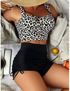 Tankini 2 Piece Swimsuit Ruched Underwire Leopard Shorts Tummy Control High Waist Slim Backless Vacation Beach Wear V Neck Sleeveless Bathing Suits