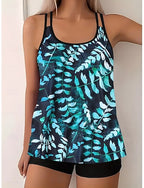 Tankini 2 Piece Swimsuit High Waist Tummy Control High Waist Slim Backless Vacation Beach Wear Ombre Geometric U Neck Sleeveless Bathing Suits