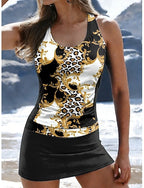 Swimwear Tankini 2 Piece Skirt Swimsuit Ruched Vacation Beach Wear Graphic Geometric U Neck Sleeveless Bathing Suits